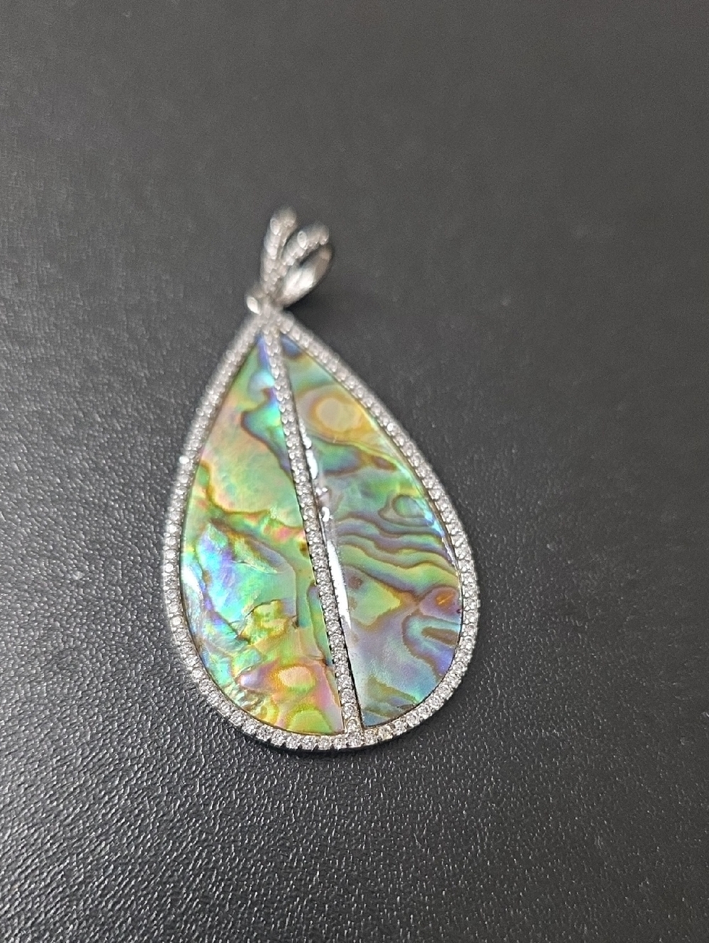 Sterling Silver 925 Teardrop Abalone Shell Pendant with Crystal Accents
